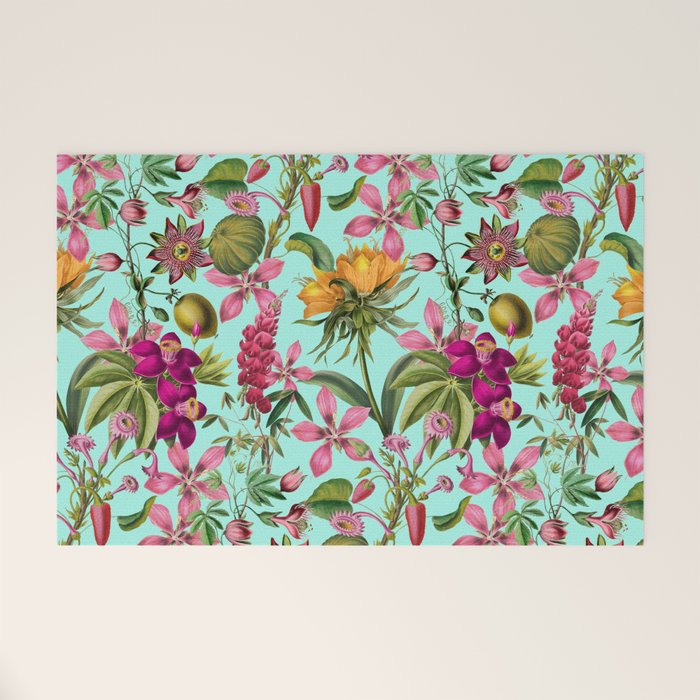 Tropical Bloom Serenade Exotic Floral Pattern Vintage Botanical Vibes Turquoise Welcome Mat Gallery Image 1