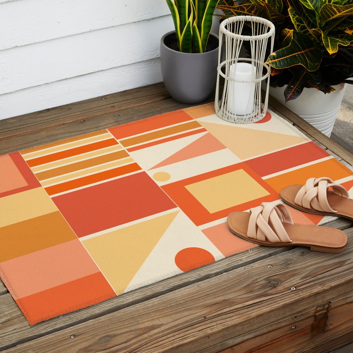 Mid Century Modern Modtastic Orange Peach Geometric Abstract Pattern Outdoor Rug Gallery Image 2