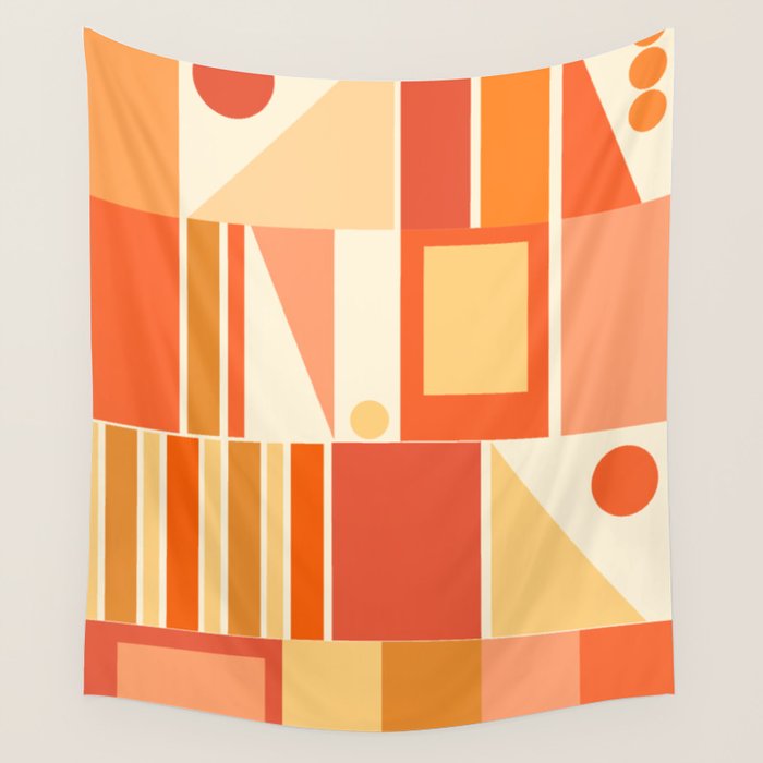 Mid Century Modern Modtastic Orange Peach Geometric Abstract Pattern Wall Tapestry Gallery Image 1
