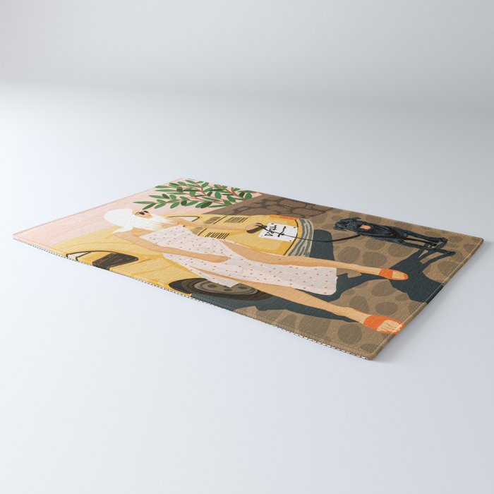 Tour, Pet Dog Walk, Italy Summer Fashion Woman, Animal Illustration, Travel Bohemian Cooper Painting Rug Gallery Image 3