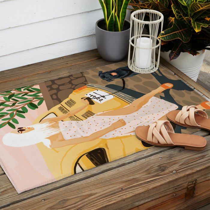 Tour, Pet Dog Walk, Italy Summer Fashion Woman, Animal Illustration, Travel Bohemian Cooper Painting Outdoor Rug Gallery Image 2