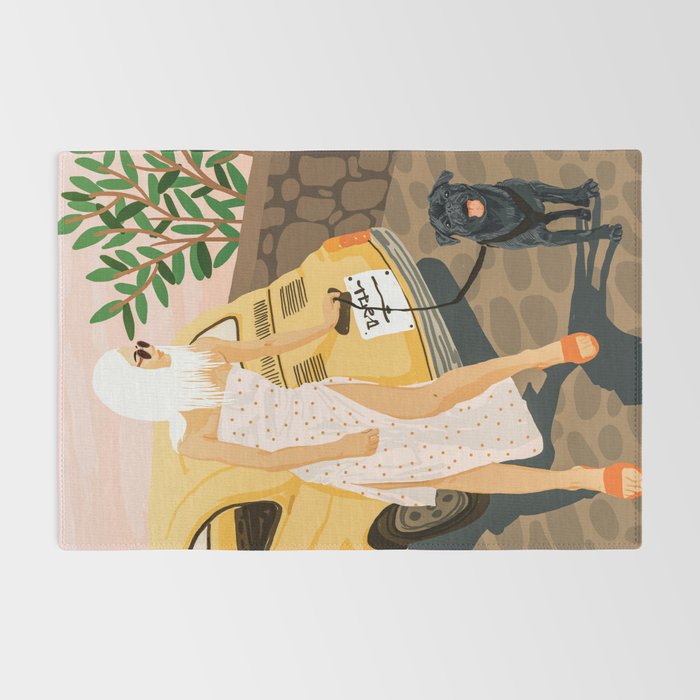 Tour, Pet Dog Walk, Italy Summer Fashion Woman, Animal Illustration, Travel Bohemian Cooper Painting Rug Gallery Image 2
