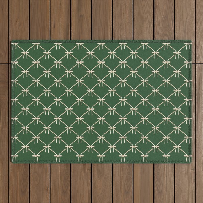 Bows & Ribbons Pattern XXV Dark Forest Green Outdoor Rug Gallery Image 1