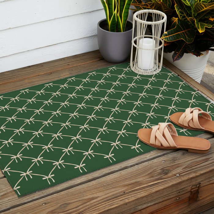 Bows & Ribbons Pattern XXV Dark Forest Green Outdoor Rug Gallery Image 2
