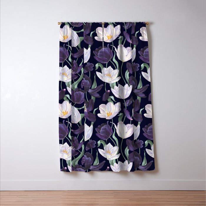 Purple and White Tulip Floral Prints on Navy Blue Window Curtain Gallery Image 3