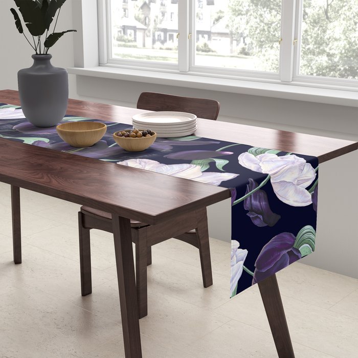 Purple and White Tulip Floral Prints on Navy Blue Table Runner Gallery Image 2