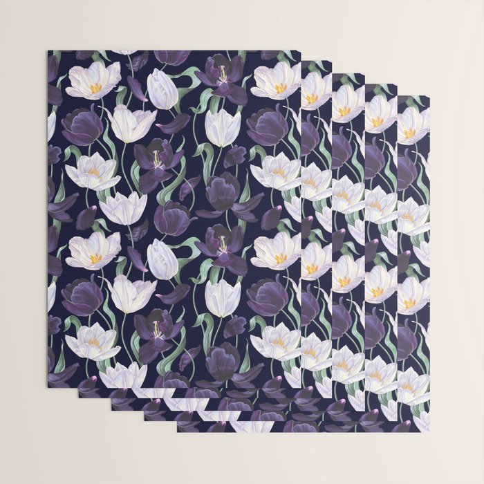 Purple and White Tulip Floral Prints on Navy Blue Wrapping Paper Gallery Image 3