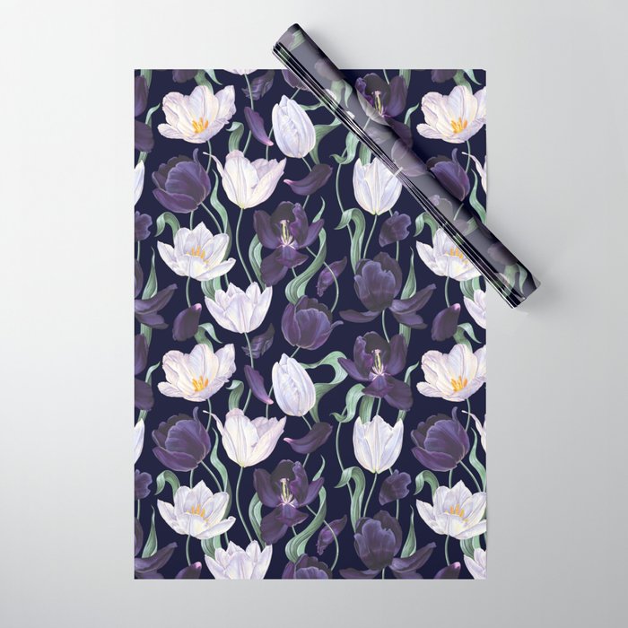 Purple and White Tulip Floral Prints on Navy Blue Wrapping Paper Gallery Image 1