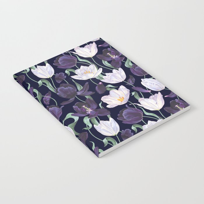 Purple and White Tulip Floral Prints on Navy Blue Notebook Gallery Image 2