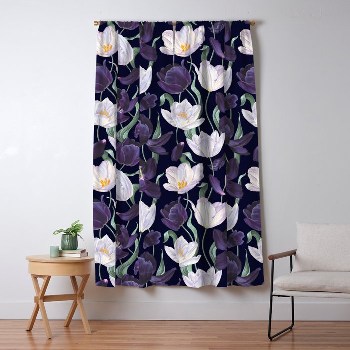 Purple and White Tulip Floral Prints on Navy Blue Window Curtain Gallery Image 5