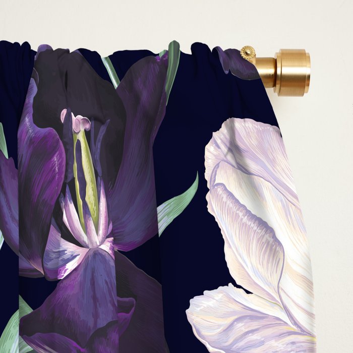 Purple and White Tulip Floral Prints on Navy Blue Window Curtain Gallery Image 2
