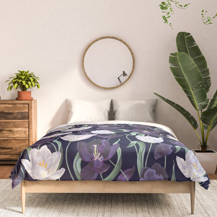 Purple and White Tulip Floral Prints on Navy Blue Comforter Gallery Image 3