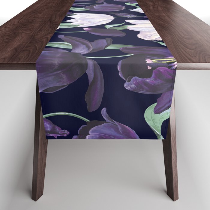 Purple and White Tulip Floral Prints on Navy Blue Table Runner Gallery Image 1