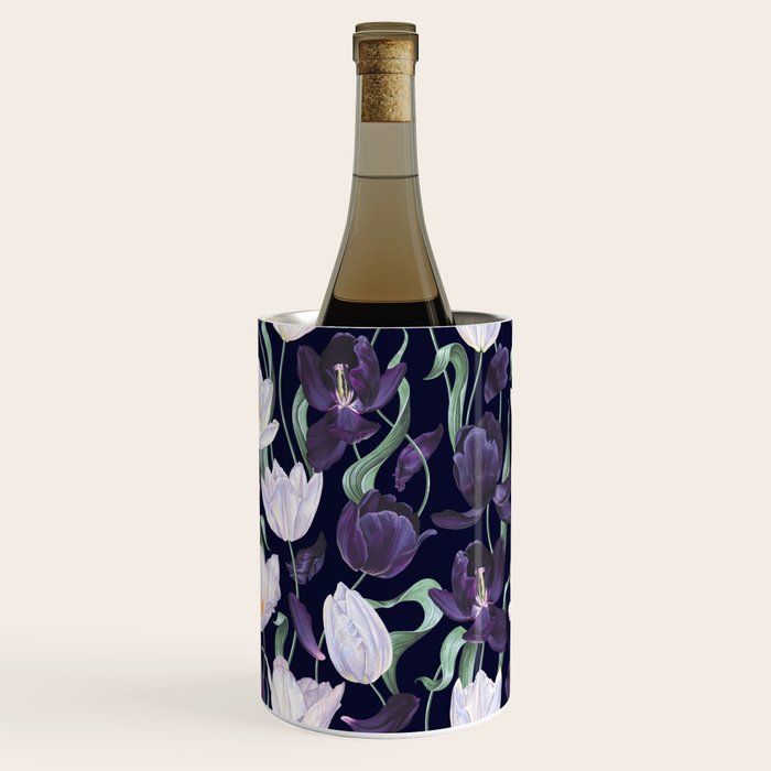Purple and White Tulip Floral Prints on Navy Blue Wine Chiller Gallery Image 1