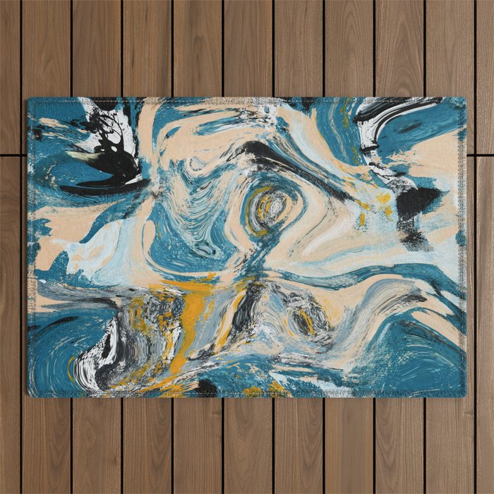 Tide Pool: a blue, yellow, and peach abstract painting by Alyssa Hamilton Art Outdoor Rug Gallery Image 1
