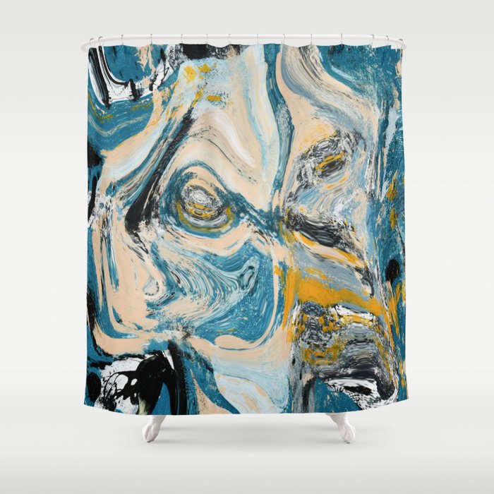Tide Pool: a blue, yellow, and peach abstract painting by Alyssa Hamilton Art Shower Curtain Gallery Image 1