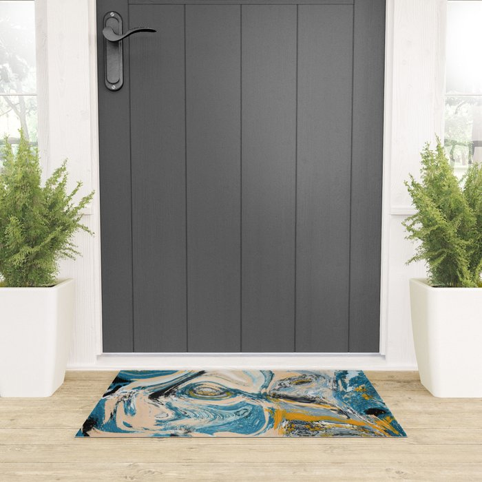 Tide Pool: a blue, yellow, and peach abstract painting by Alyssa Hamilton Art Welcome Mat Gallery Image 3