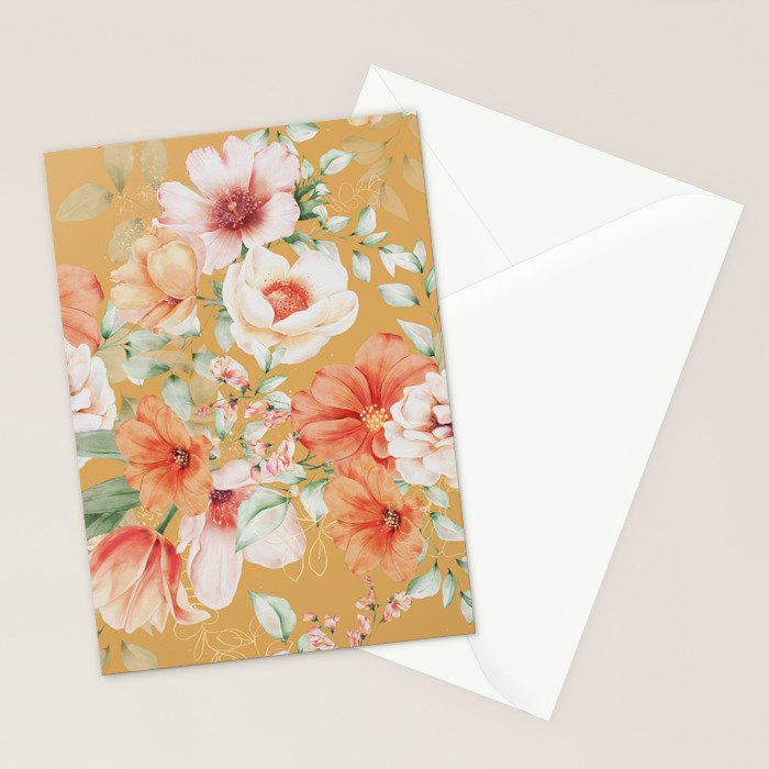 Peach Florals with Painted Speckles on Yellow Stationery Card Gallery Image 2