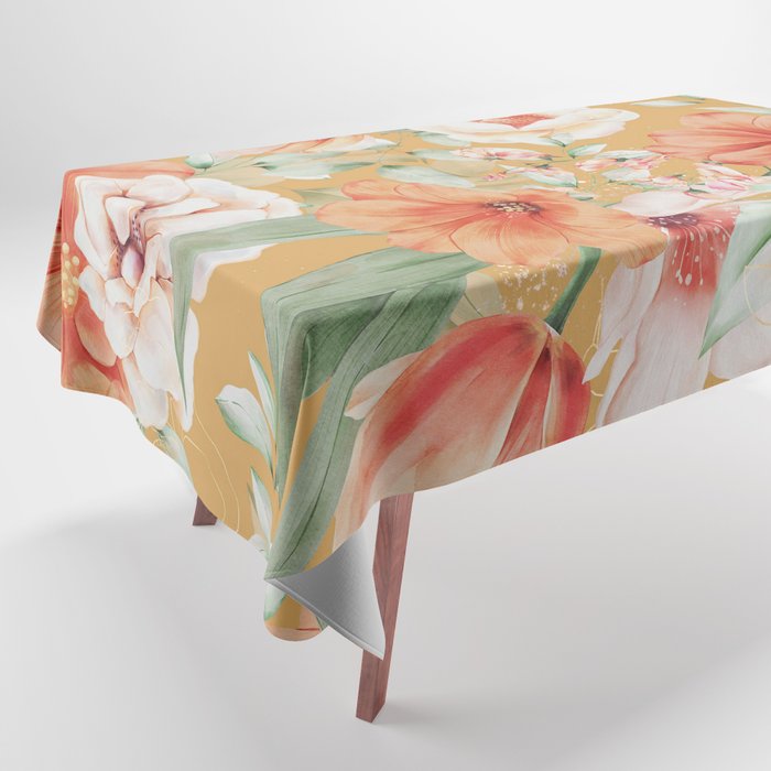 Peach Florals with Painted Speckles on Yellow Tablecloth Gallery Image 1