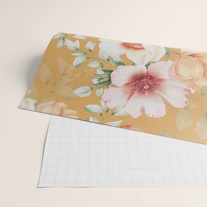 Peach Florals with Painted Speckles on Yellow Wrapping Paper Gallery Image 2