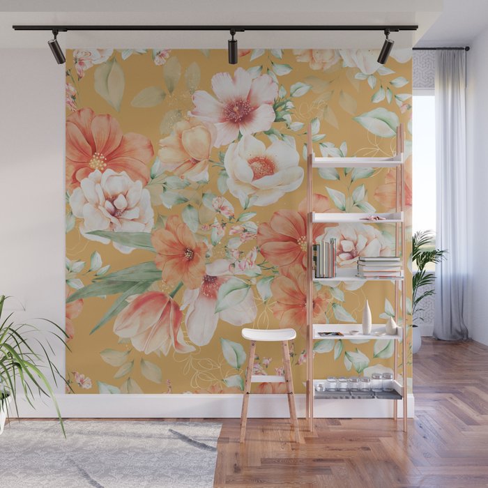 Peach Florals with Painted Speckles on Yellow Wall Mural Gallery Image 1