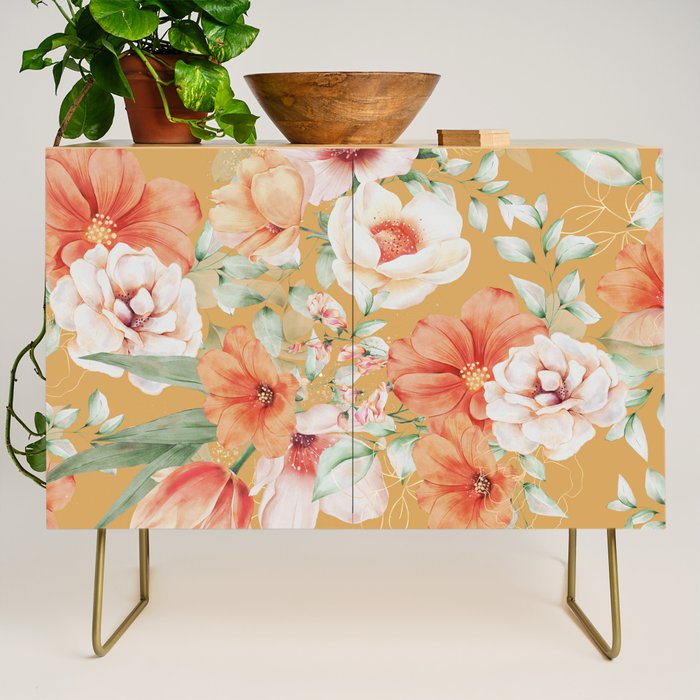 Peach Florals with Painted Speckles on Yellow Credenza Gallery Image 1