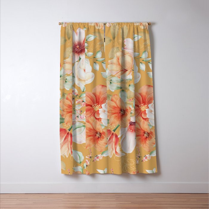 Peach Florals with Painted Speckles on Yellow Window Curtain Gallery Image 3