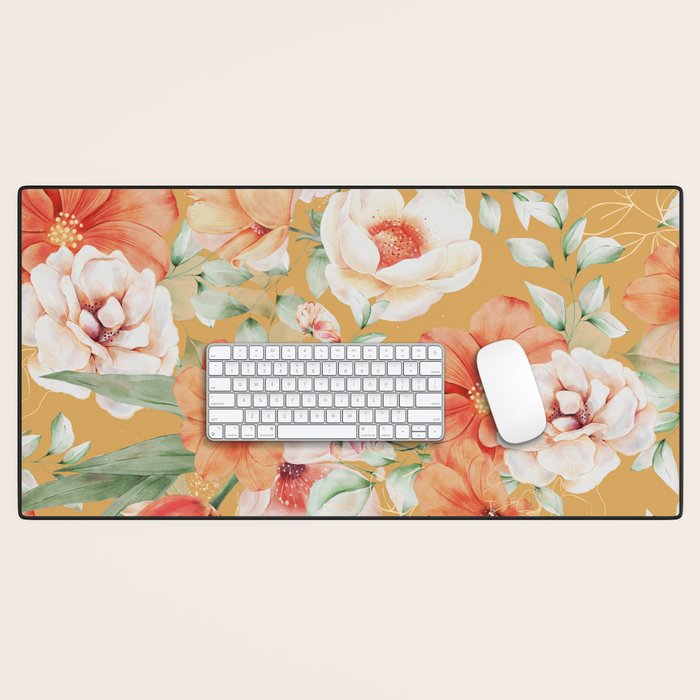Peach Florals with Painted Speckles on Yellow Desk Mat Gallery Image 1