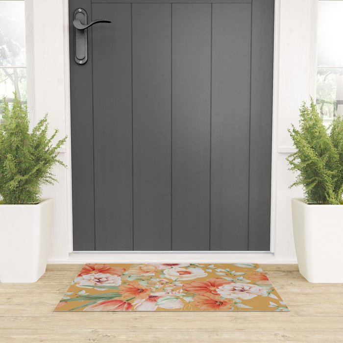 Peach Florals with Painted Speckles on Yellow Welcome Mat Gallery Image 3
