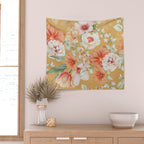 Peach Florals with Painted Speckles on Yellow Wall Tapestry Gallery Image 2