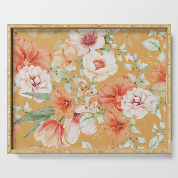 Peach Florals with Painted Speckles on Yellow Serving Tray Gallery Image 1