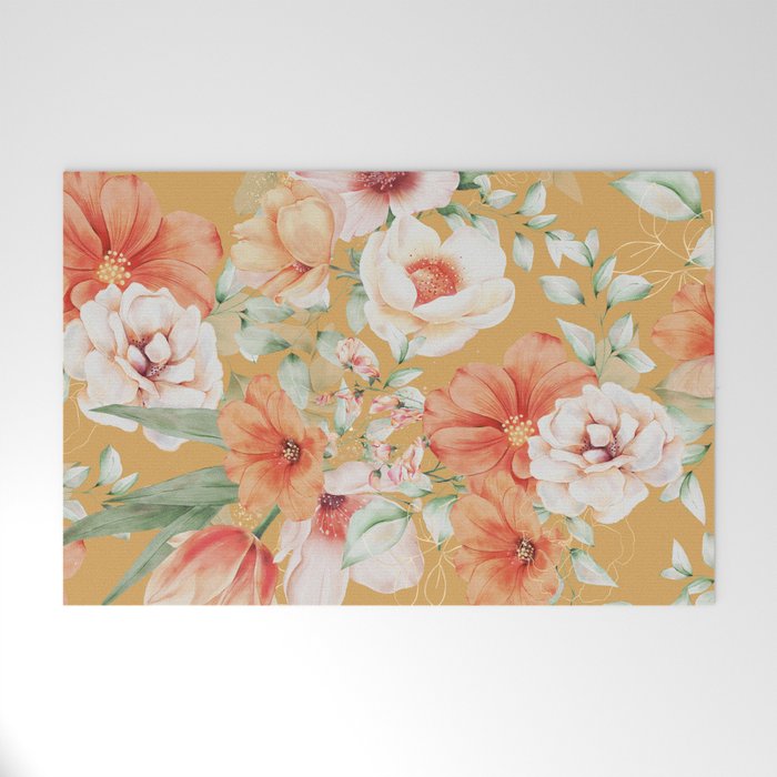 Peach Florals with Painted Speckles on Yellow Welcome Mat Gallery Image 1