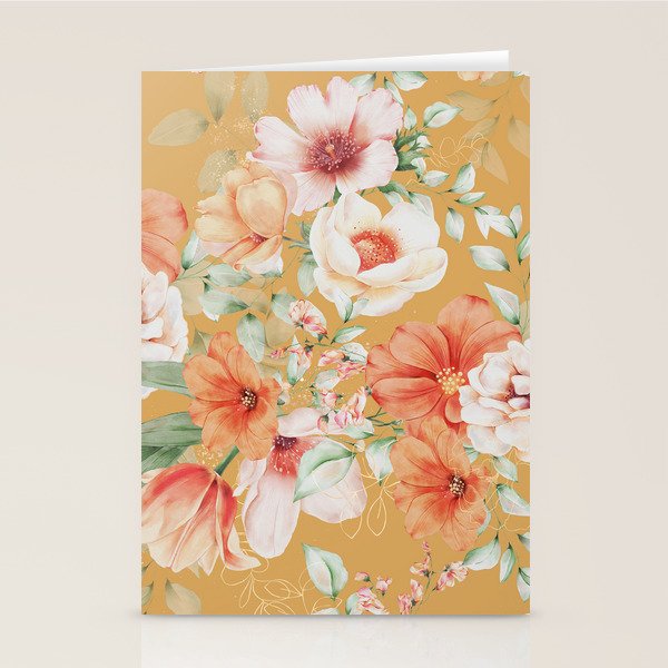 Peach Florals with Painted Speckles on Yellow Stationery Card Gallery Image 2