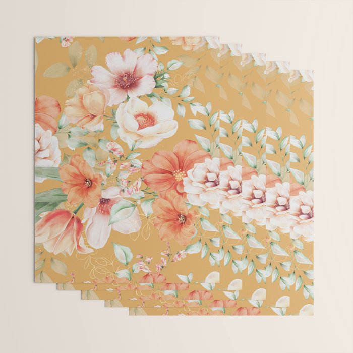 Peach Florals with Painted Speckles on Yellow Wrapping Paper Gallery Image 3