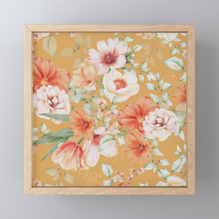 Peach Florals with Painted Speckles on Yellow Mini Art Print Gallery Image 1