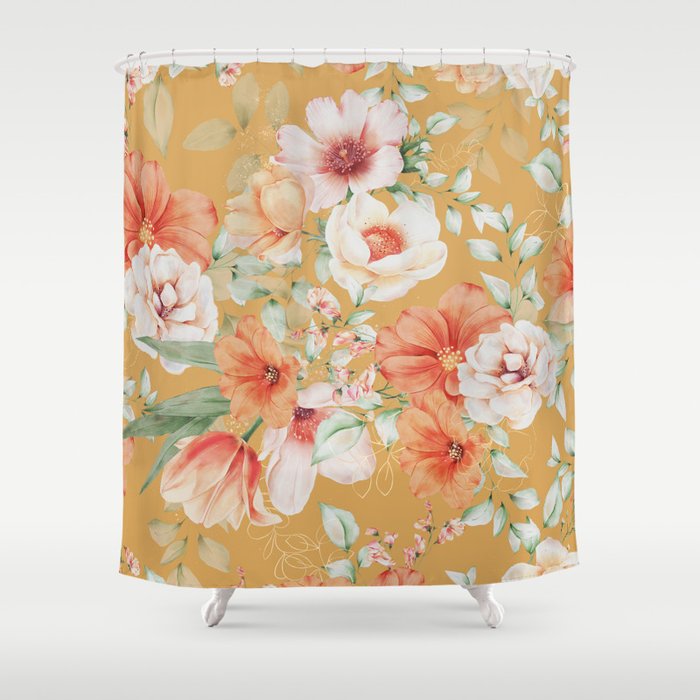 Peach Florals with Painted Speckles on Yellow Shower Curtain Gallery Image 1
