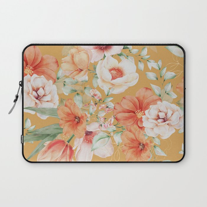 Peach Florals with Painted Speckles on Yellow Laptop Sleeve Gallery Image 1