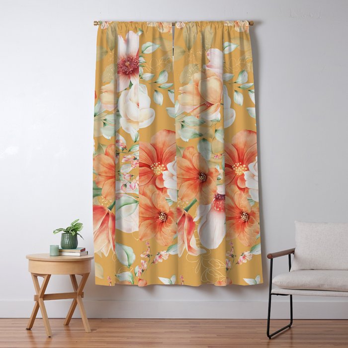 Peach Florals with Painted Speckles on Yellow Window Curtain Gallery Image 1