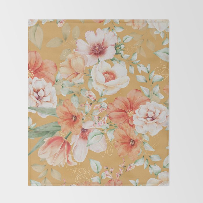 Peach Florals with Painted Speckles on Yellow Throw Blanket Gallery Image 2