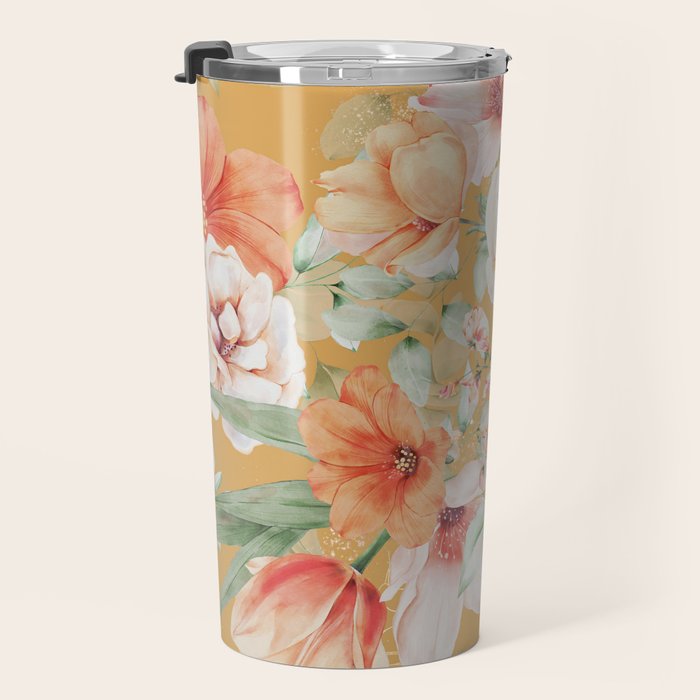 Peach Florals with Painted Speckles on Yellow Travel Mug Gallery Image 3