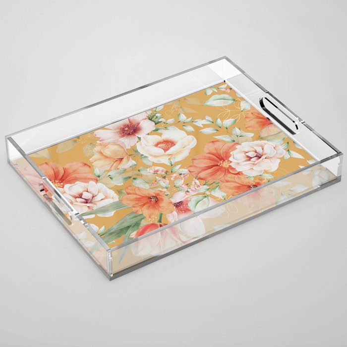 Peach Florals with Painted Speckles on Yellow Acrylic Tray Gallery Image 1