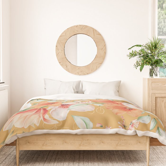 Peach Florals with Painted Speckles on Yellow Duvet Cover Gallery Image 3