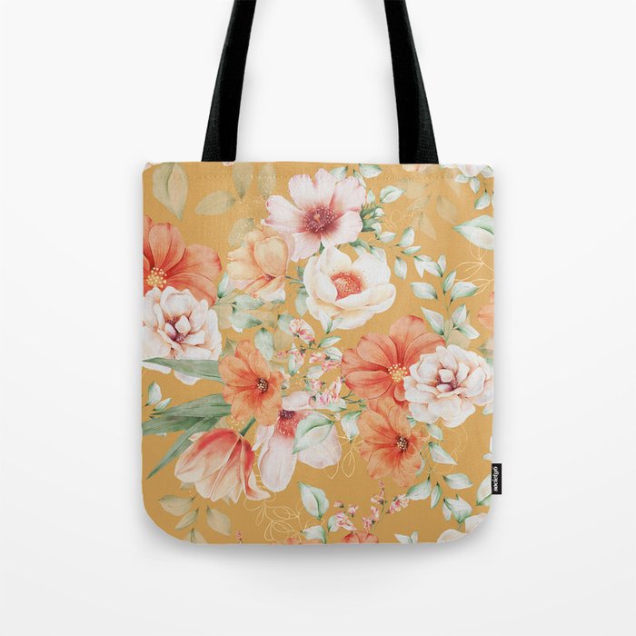 Peach Florals with Painted Speckles on Yellow Tote Bag Gallery Image 1