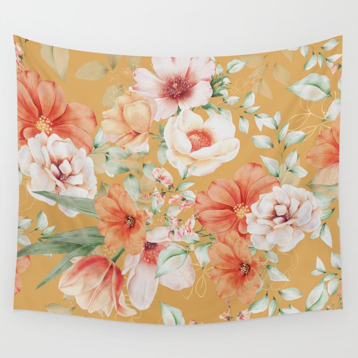 Peach Florals with Painted Speckles on Yellow Wall Tapestry Gallery Image 4