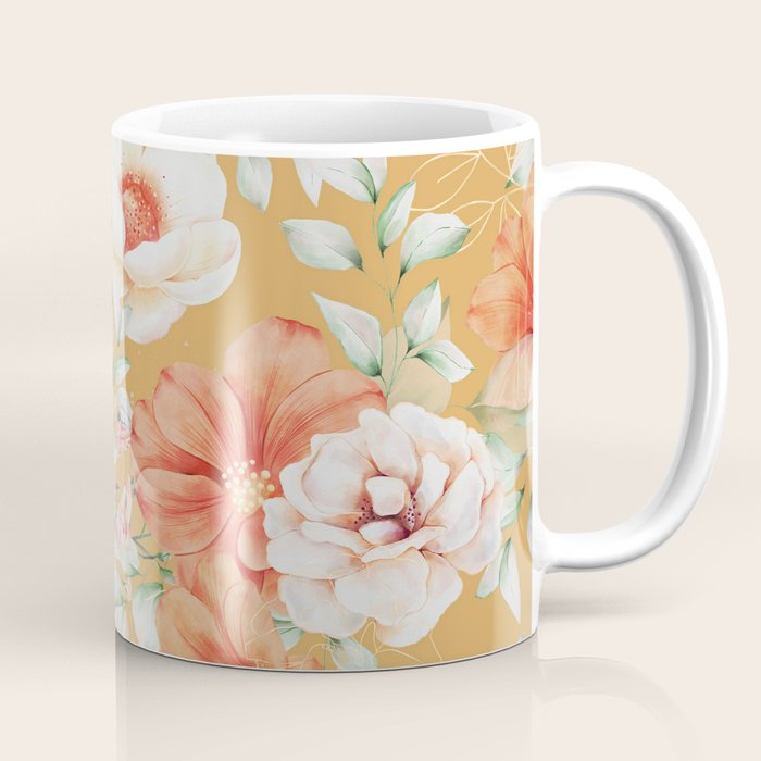 Peach Florals with Painted Speckles on Yellow Coffee Mug Gallery Image 1