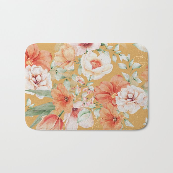 Peach Florals with Painted Speckles on Yellow Bath Mat Gallery Image 1