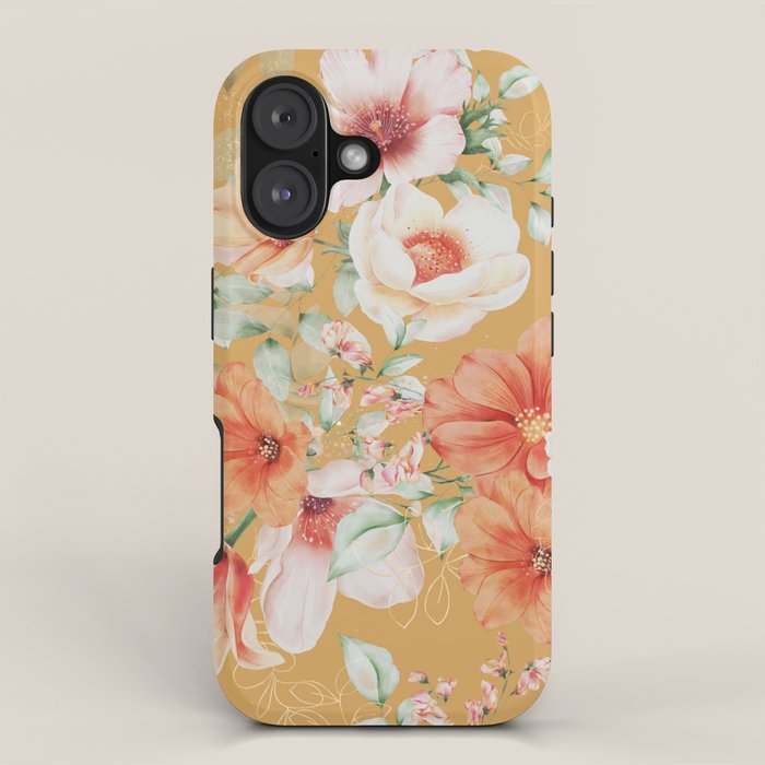 Peach Florals with Painted Speckles on Yellow iPhone Case Gallery Image 1