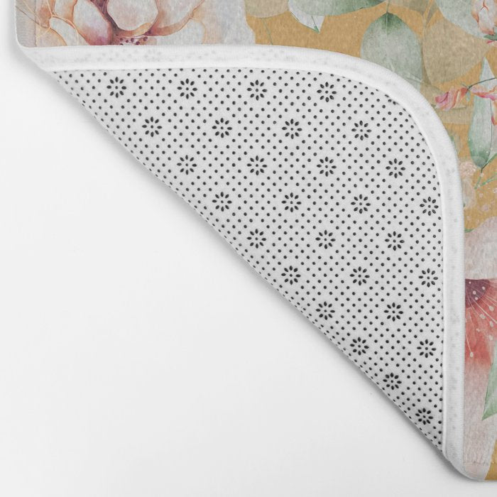 Peach Florals with Painted Speckles on Yellow Bath Mat Gallery Image 2