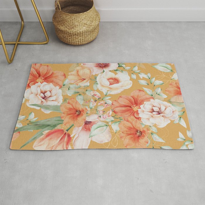 Peach Florals with Painted Speckles on Yellow Rug Gallery Image 1