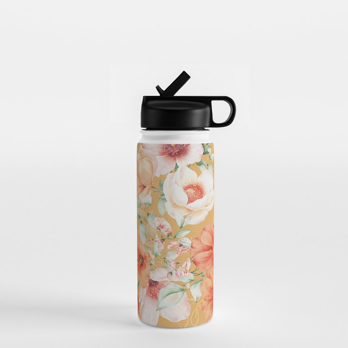 Peach Florals with Painted Speckles on Yellow Water Bottle Gallery Image 1